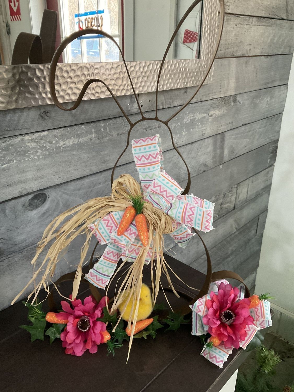 Centerpiece Metal Rabbit 13x20  w/ Easter Zig Zag Ribbon