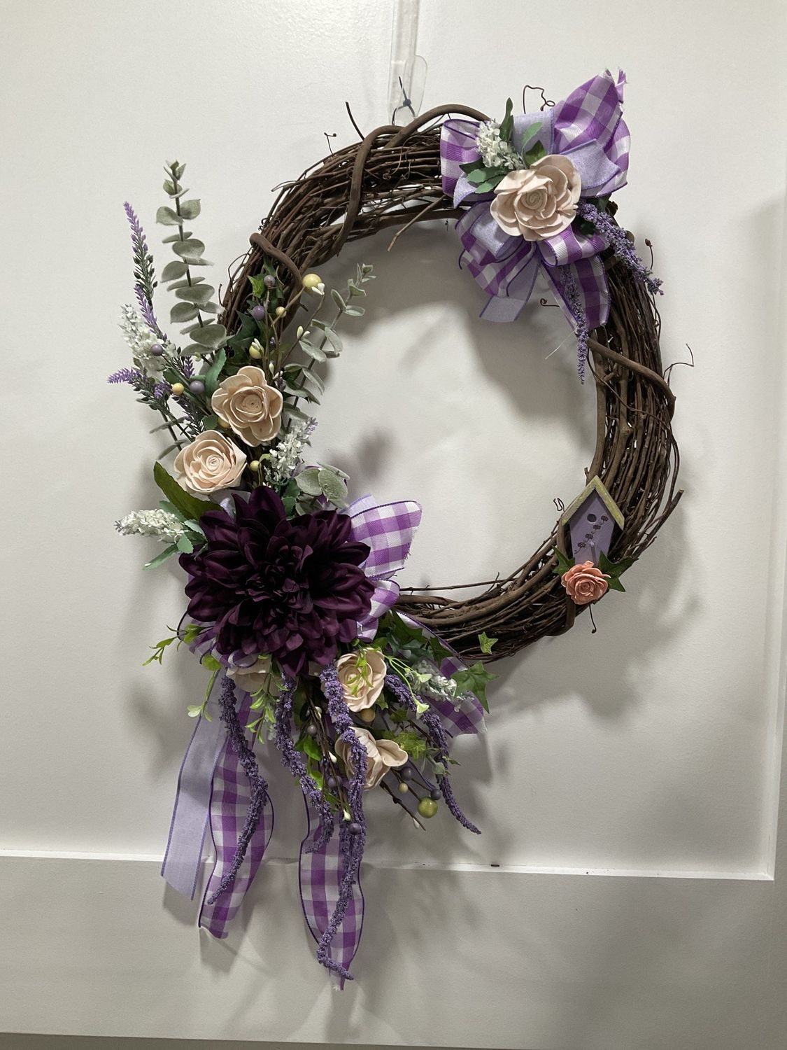 Grapevine Wreath Birdhouse w Purple and Pink Flowers and Purple Ribbon
