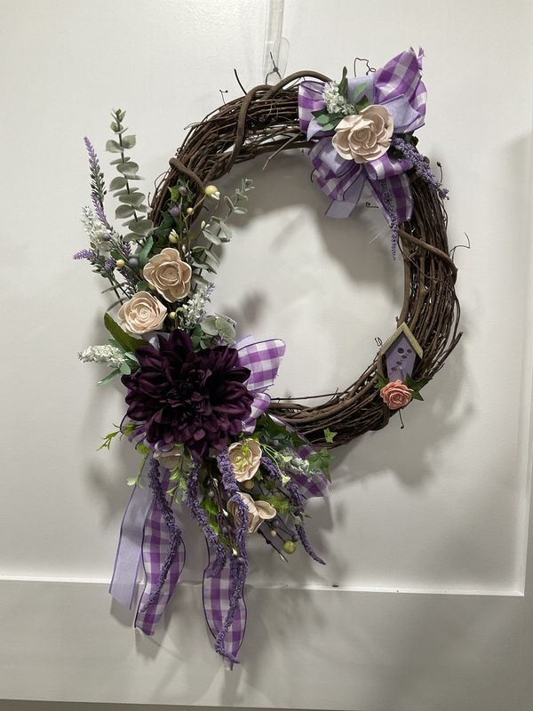 Grapevine Wreath Birdhouse w Purple and Pink Flowers and Purple Ribbon