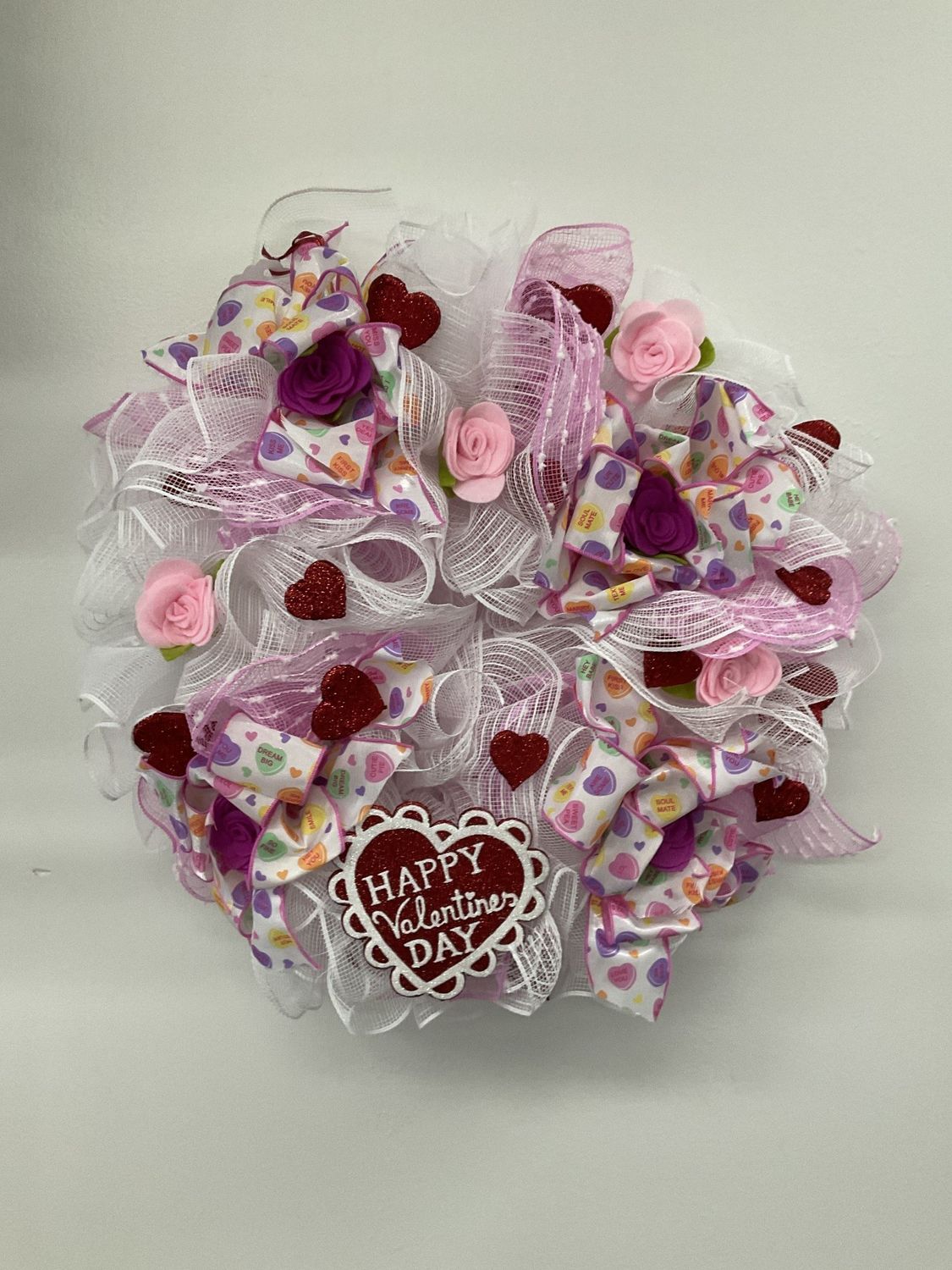 Wreath Mesh White and Pink &quot;Happy Valentines Day&quot; with Hearts, Roses and Candy Ribbon