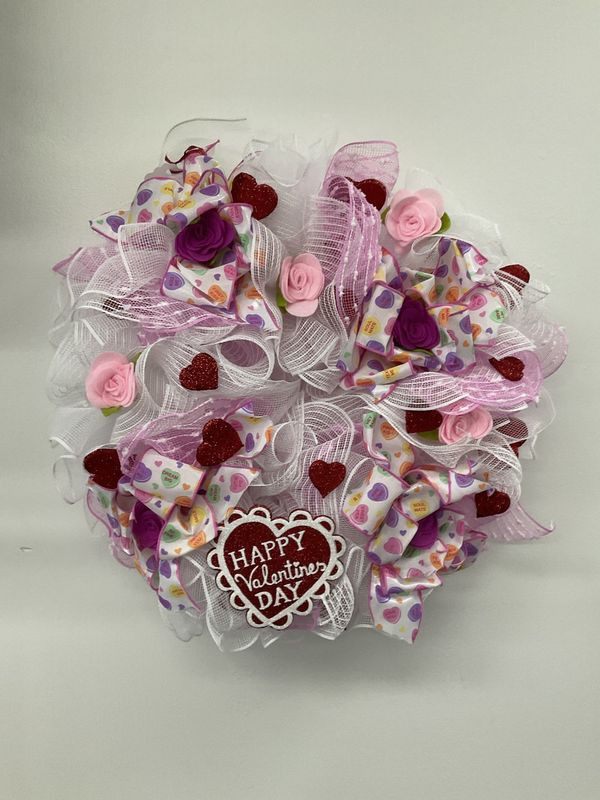 Wreath Mesh White and Pink &quot;Happy Valentines Day&quot; with Hearts, Roses and Candy Ribbon