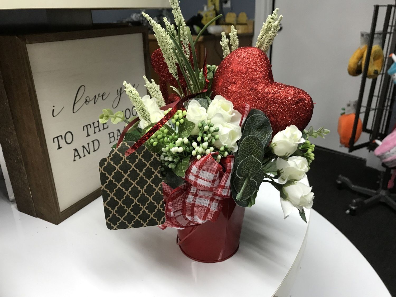 Centerpiece Valentines Red Bucket w/Red Heart, White Roses and Red Plaid Ribbon