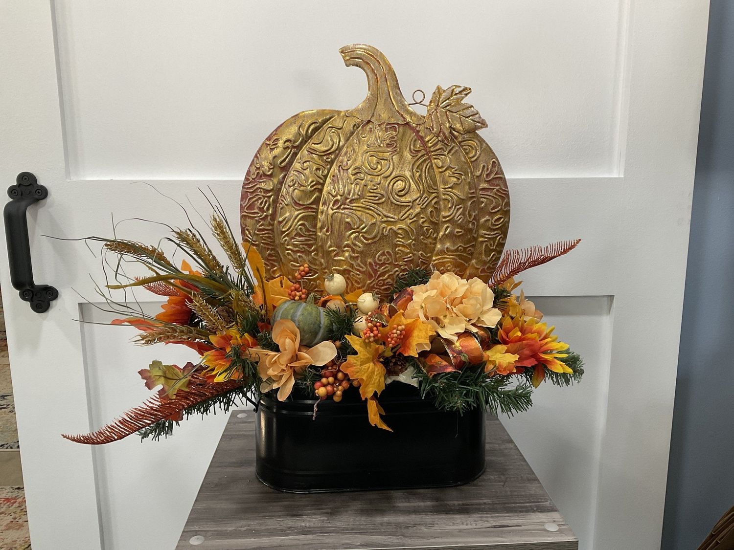 Centerpiece 25x13x21 Black Metal Pail w/Gold Pumpkin Flowers Gold Feathers and Pumpkin Ribbon