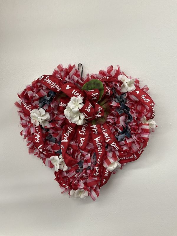Wreath Red Striped Scarf and Denim with White Flowers and Valentines Day Ribbon