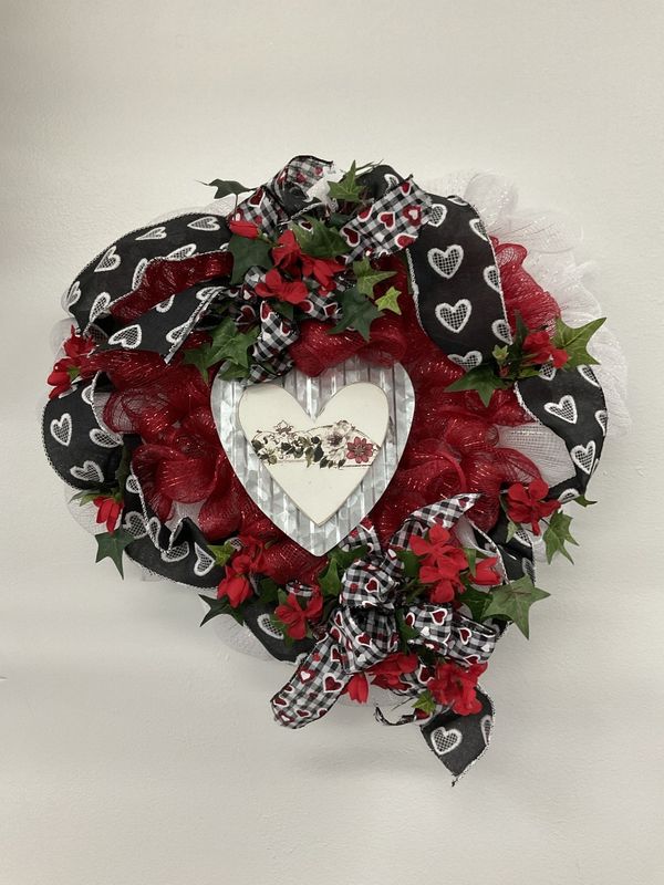 Wreath Mesh Red with Metal Heart Sign and Black Heart Ribbon