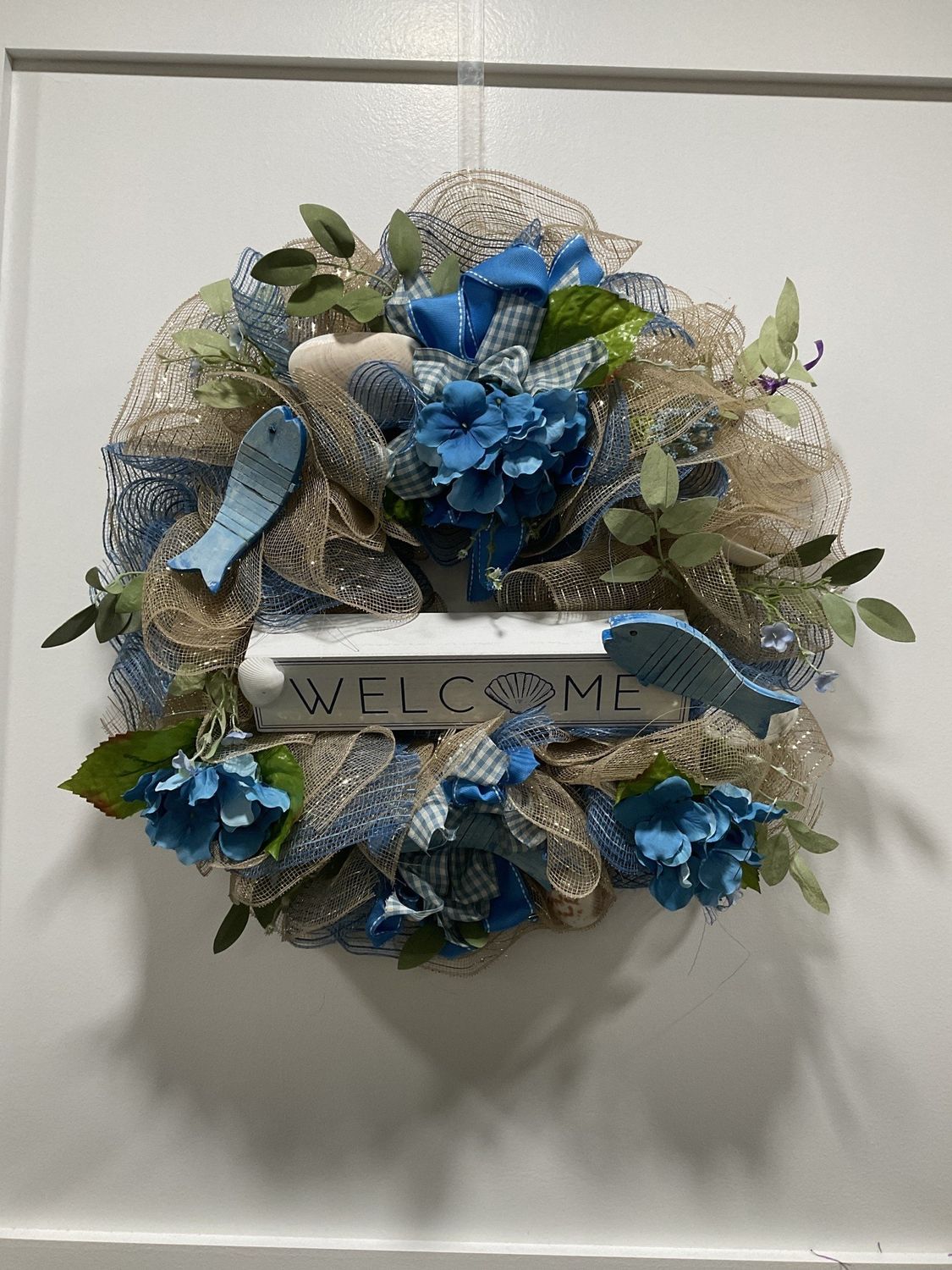 Wreath Mesh 22 in-Tan and Blue &quot;Welcome&quot; w/Fish and Blue Flowers and Ribbon