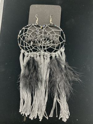 OTD E232 Earrings Dream Catcher-Grey, Black Bats and Black Feathers