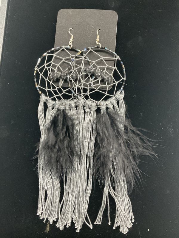 E232 Earrings Dream Catcher-Grey, Black Bats and Black Feathers