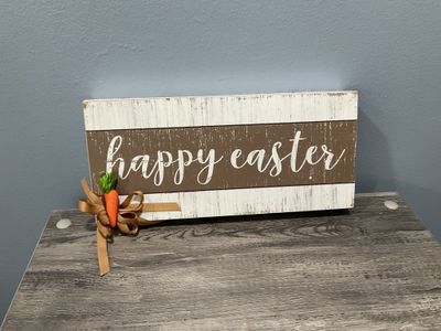 W-MNFT 444 Sign 11x5-White and Brown "Happy Easter" w/Tan Ribbon