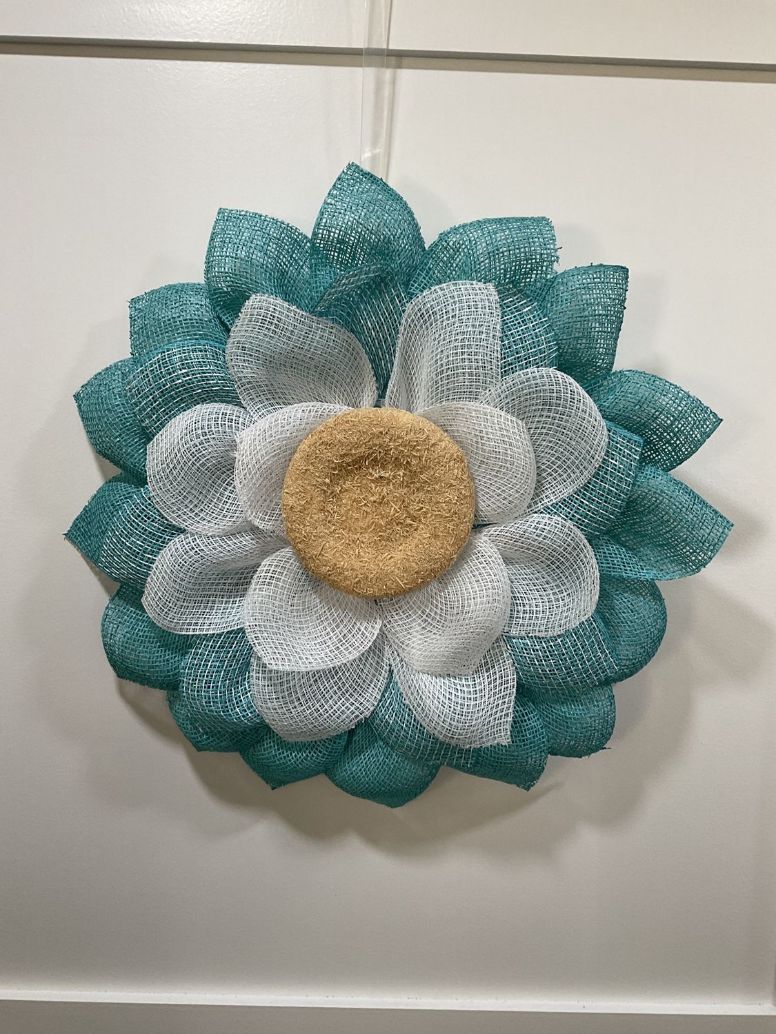 Teal Sunflower Pancake Wreath w Yellow Center