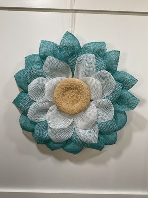 Teal Sunflower Pancake Wreath w Yellow Center