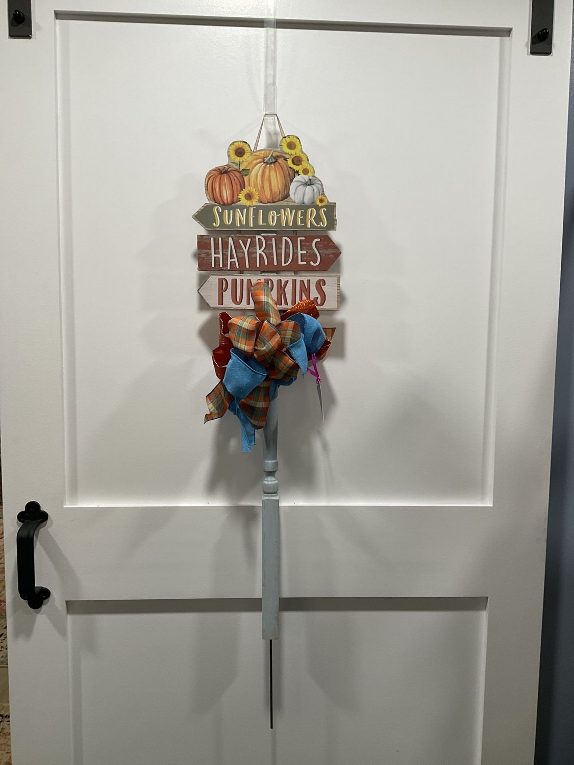 1838 Stake Sign 36 in-Blue &quot;Sunflowers Hayrides Pumpkins&quot; w/Blue and Orange Plaid Ribbons