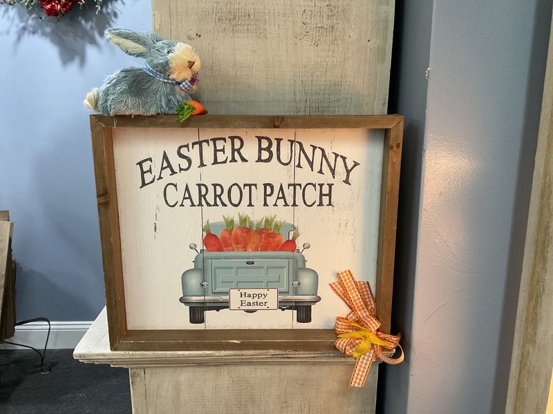 453 Sign 13x12-&quot;Easter Bunny Carrot Patch&quot; w/Blue Truck ad Bunny on Frame