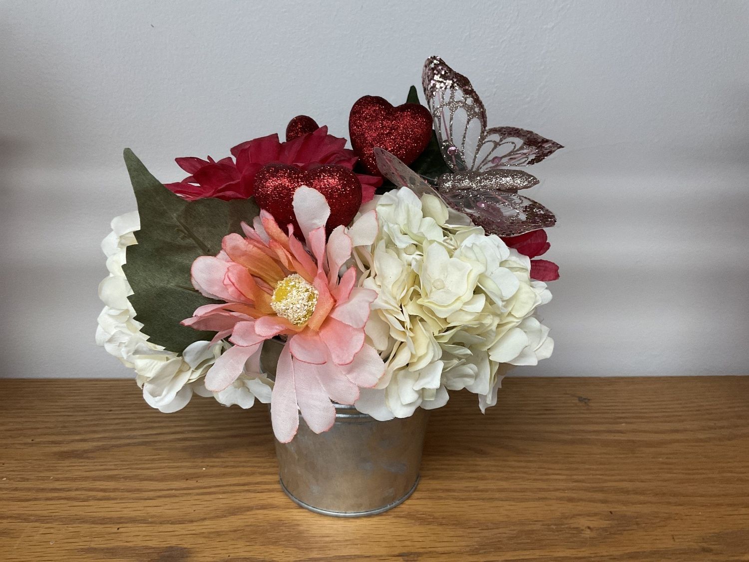 Centerpiece Metal Bucket with Pink and White Flowers, Red Hearts, Butterfly