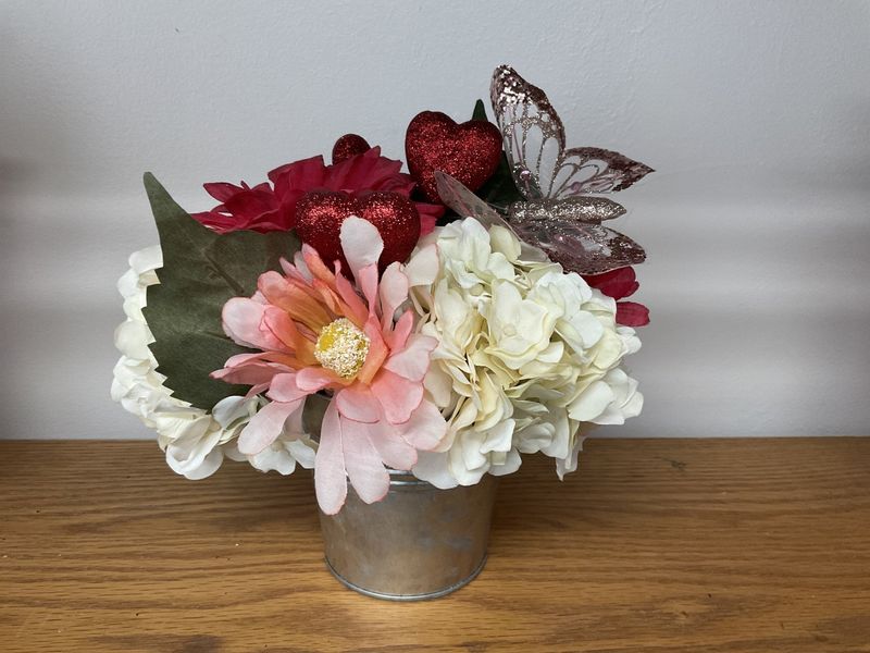 Centerpiece Metal Bucket with Pink and White Flowers, Red Hearts, Butterfly
