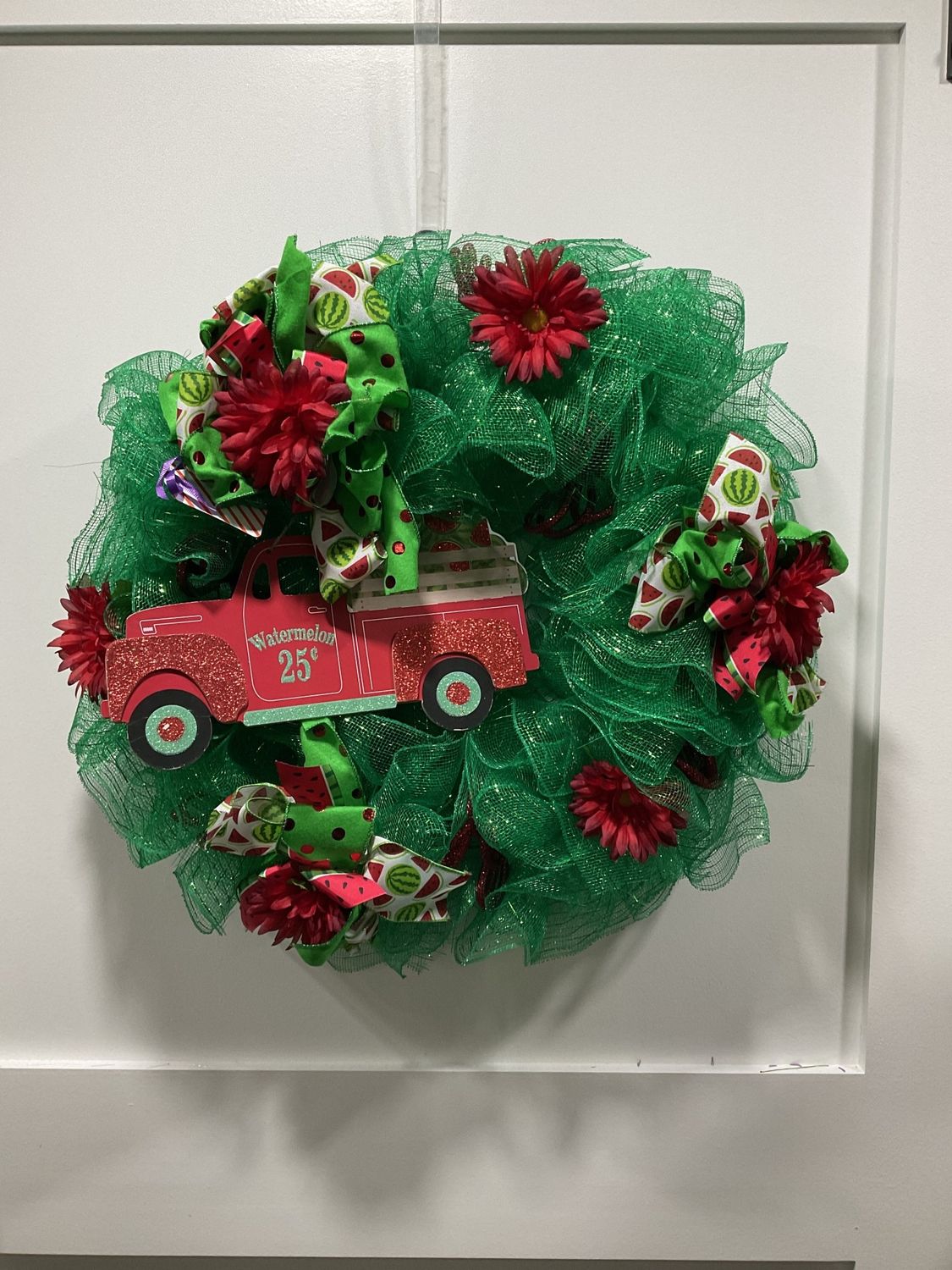 Wreath Mesh 26 in-Green &quot;Watermelons 25&quot; w/Red Flowers and Watermelon Ribbon
