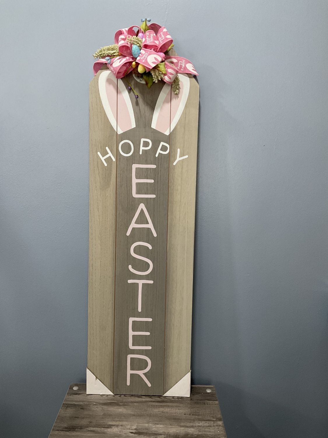 433 Sign 11x38-Wooden &quot;Hoppy Easter&quot; w/Bunny Ears and Pink Easter Ribbon