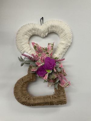Wreath White Yarn/Jute Heart Frame with Pink Flowers and Rose Ribbon