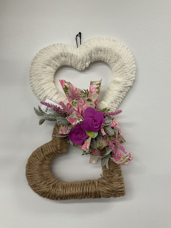 Wreath White Yarn/Jute Heart Frame with Pink Flowers and Rose Ribbon