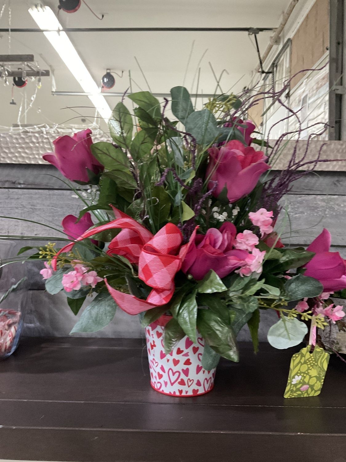 Centerpiece Metal Bucket White/Pink with Red and Pink Roses