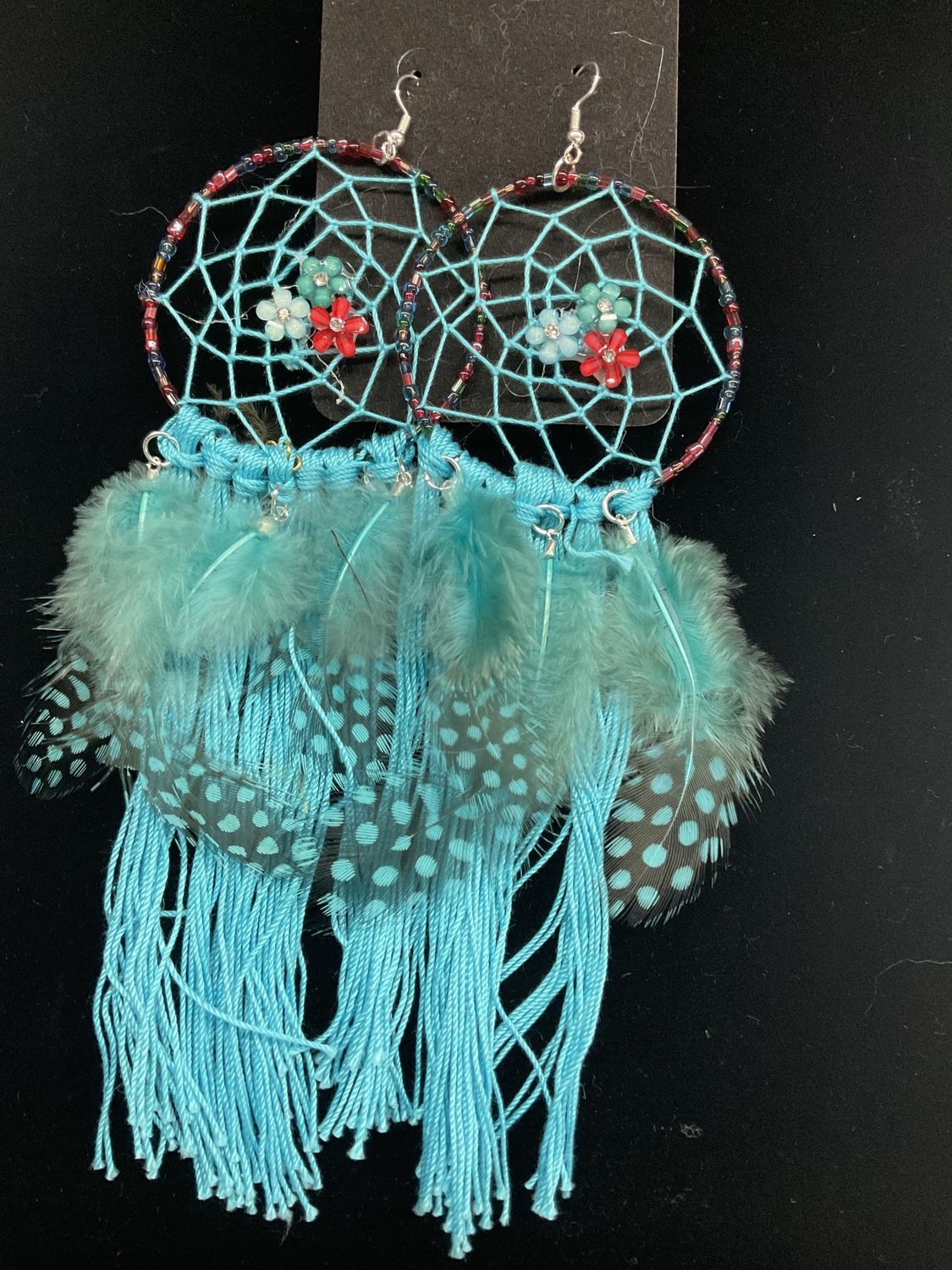 E230 Earrings Dream Catcher-Teal, Multi Daisies w/Speckled Feathers