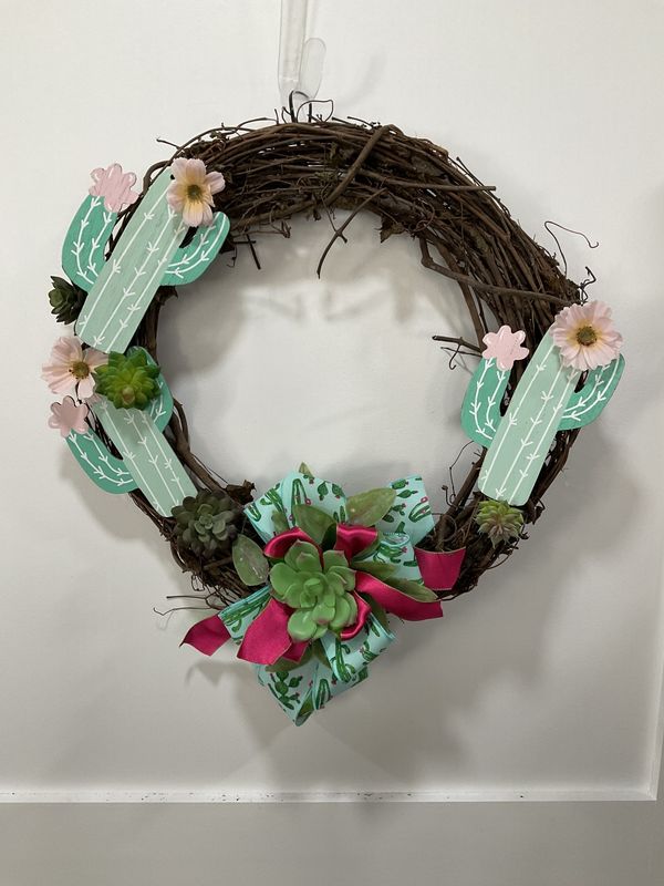 Grapevine Wreath with Cactus, Pink Flowers and Cactus Ribbon