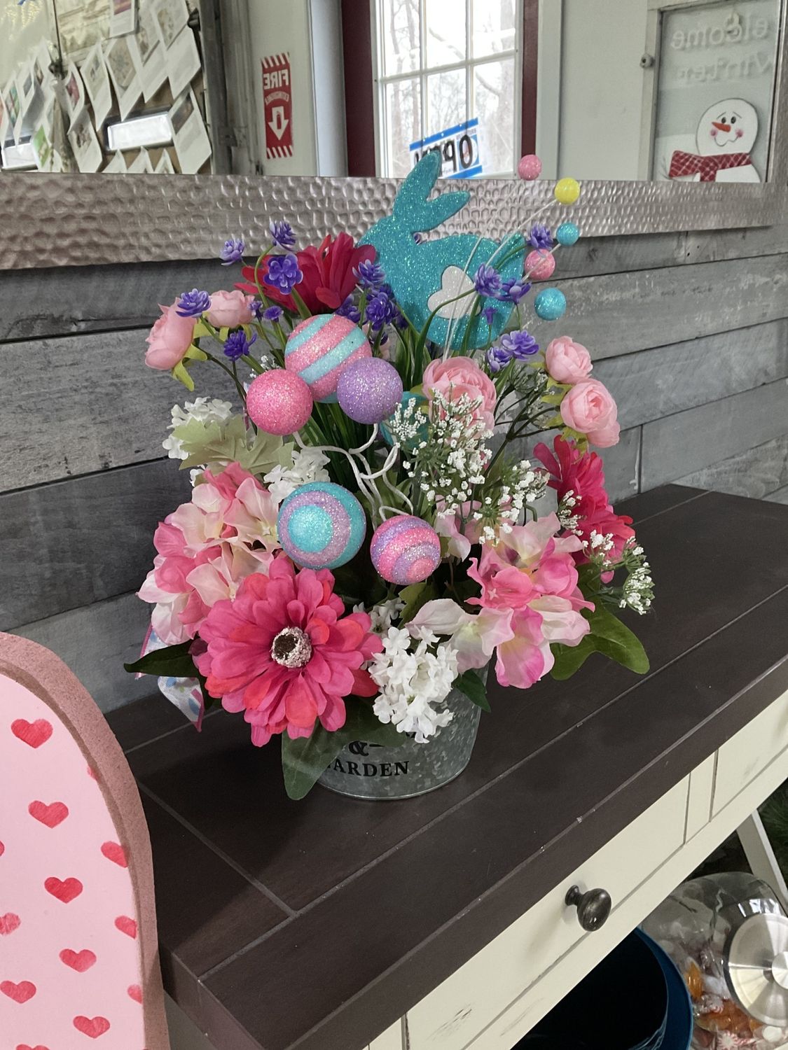 Centerpiece Easter Metal  Bucket w/ Blue Rabbit, Pink Flowers