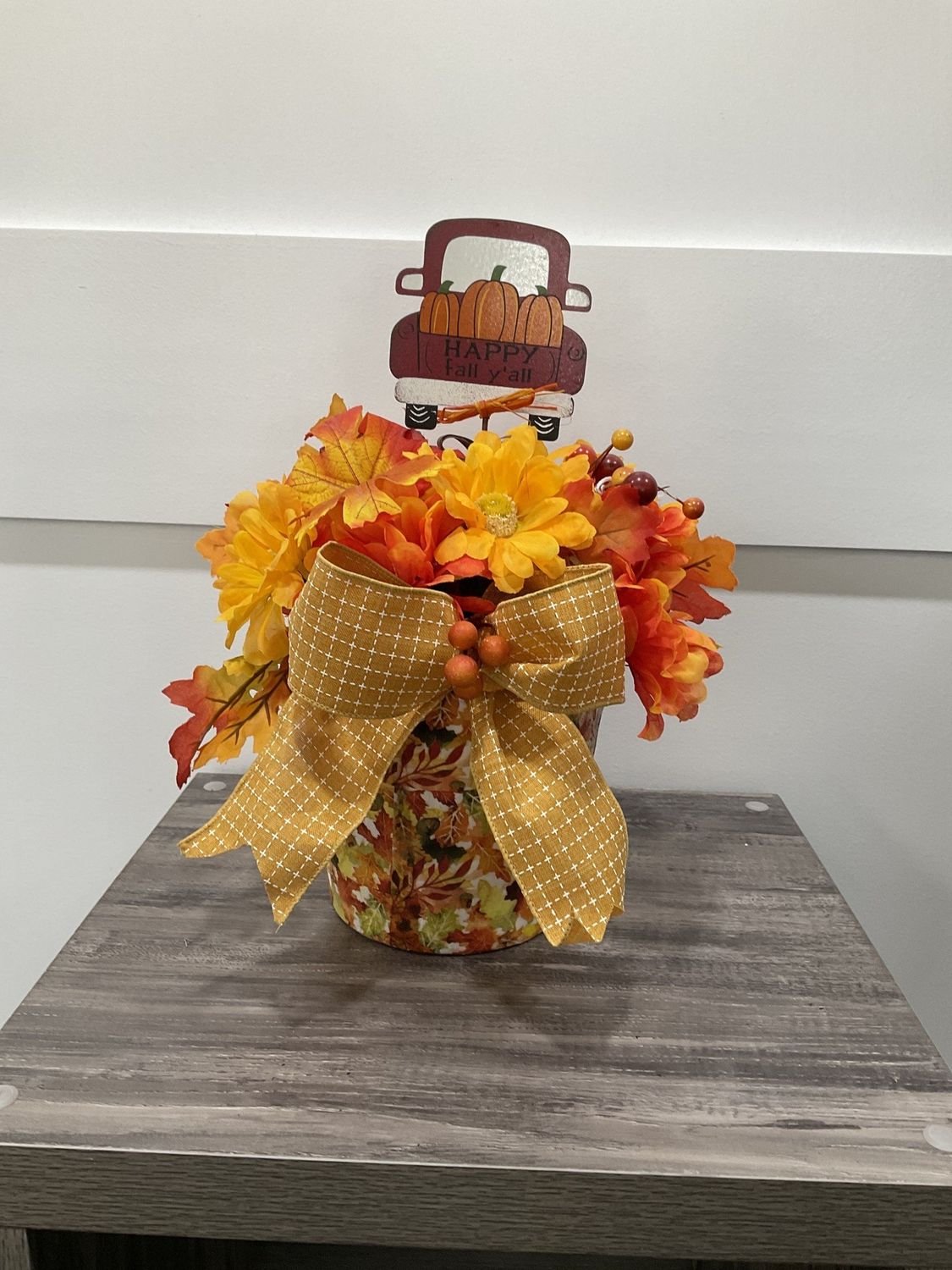 Centerpiece Bouquet Display 10x10x14 Leaf Decoupage Pot w/&quot;Happy Fall Y&#39;All&quot; Truck