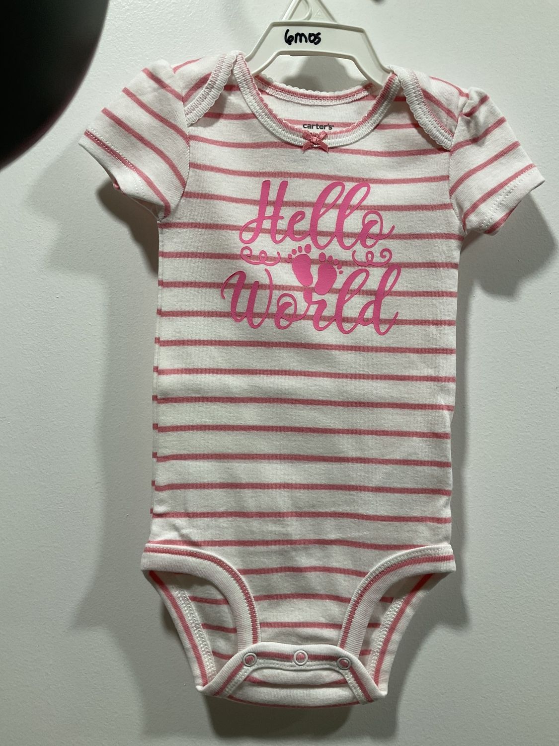 Onsie White with Pink Stripes w/Pink &quot;Hello World&quot; short sleeve 6 month