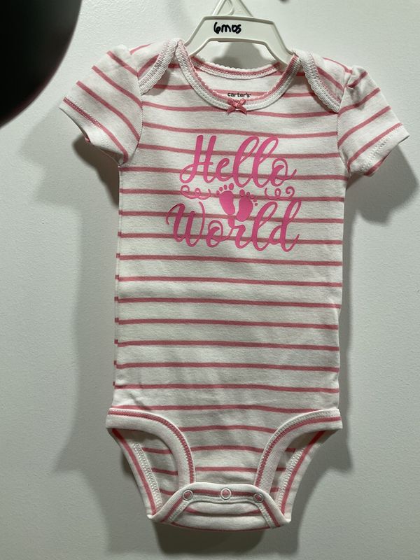 Onsie White with Pink Stripes w/Pink &quot;Hello World&quot; short sleeve 6 month