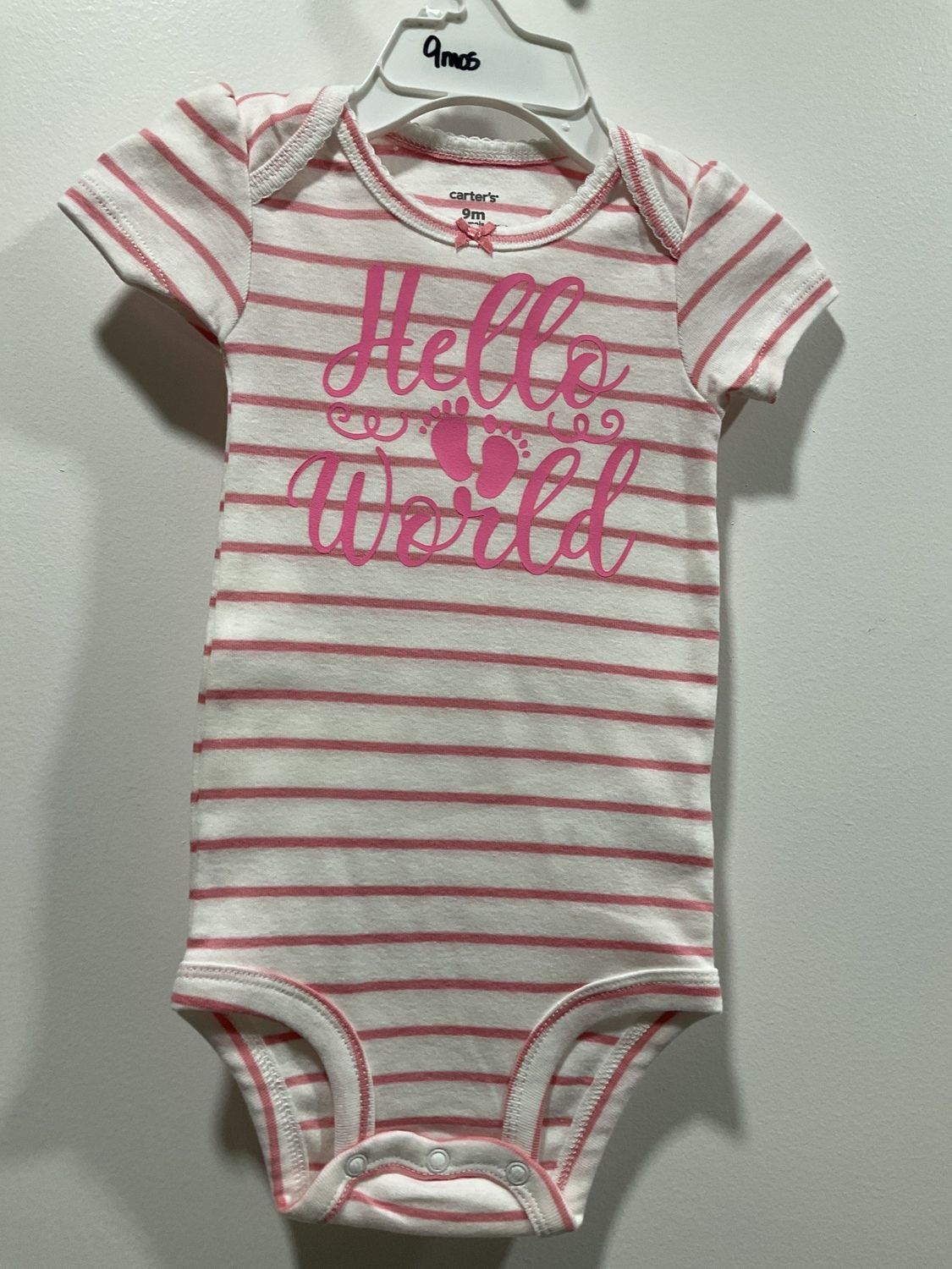 Onsie White and Pink Striped w/Pink &quot;Hello World&quot; short sleeve 9 month
