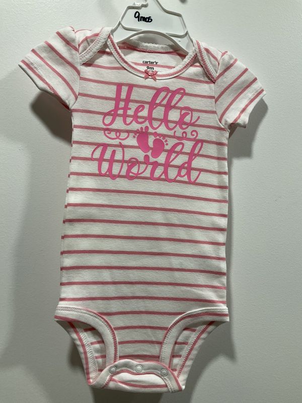 Onsie White and Pink Striped w/Pink &quot;Hello World&quot; short sleeve 9 month