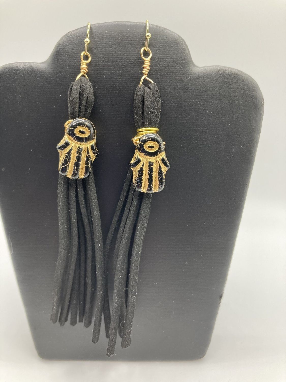 HE1 Black Hamsa Earrings with with long suade