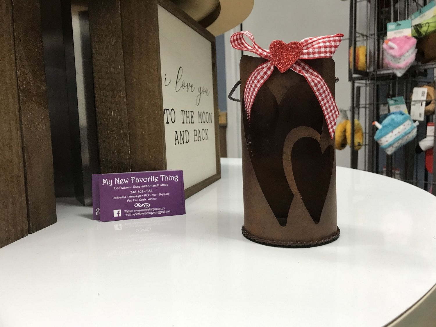 Candleholder with Hearts and Red Check Ribbon