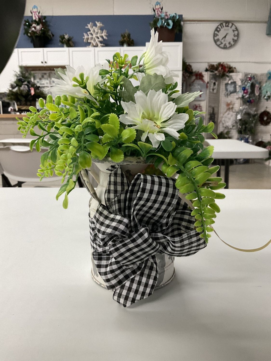 Centerpiece Spring Milk Can w/ White Flowers and Black Check Ribbon
