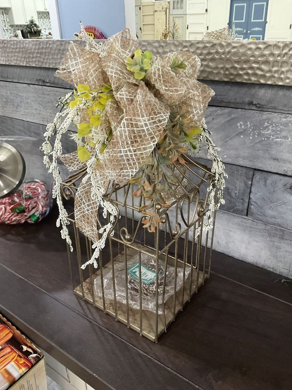 Bird Cage w/ White Flowers and Brown Ribbon
