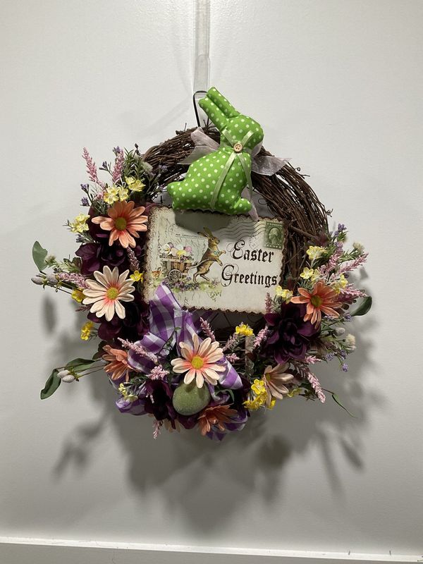 373 Wreath Grapevine 16 in-Green Bunny &quot;Easter Greetings&quot; w/Pink Flowers and Purple Check Ribbon