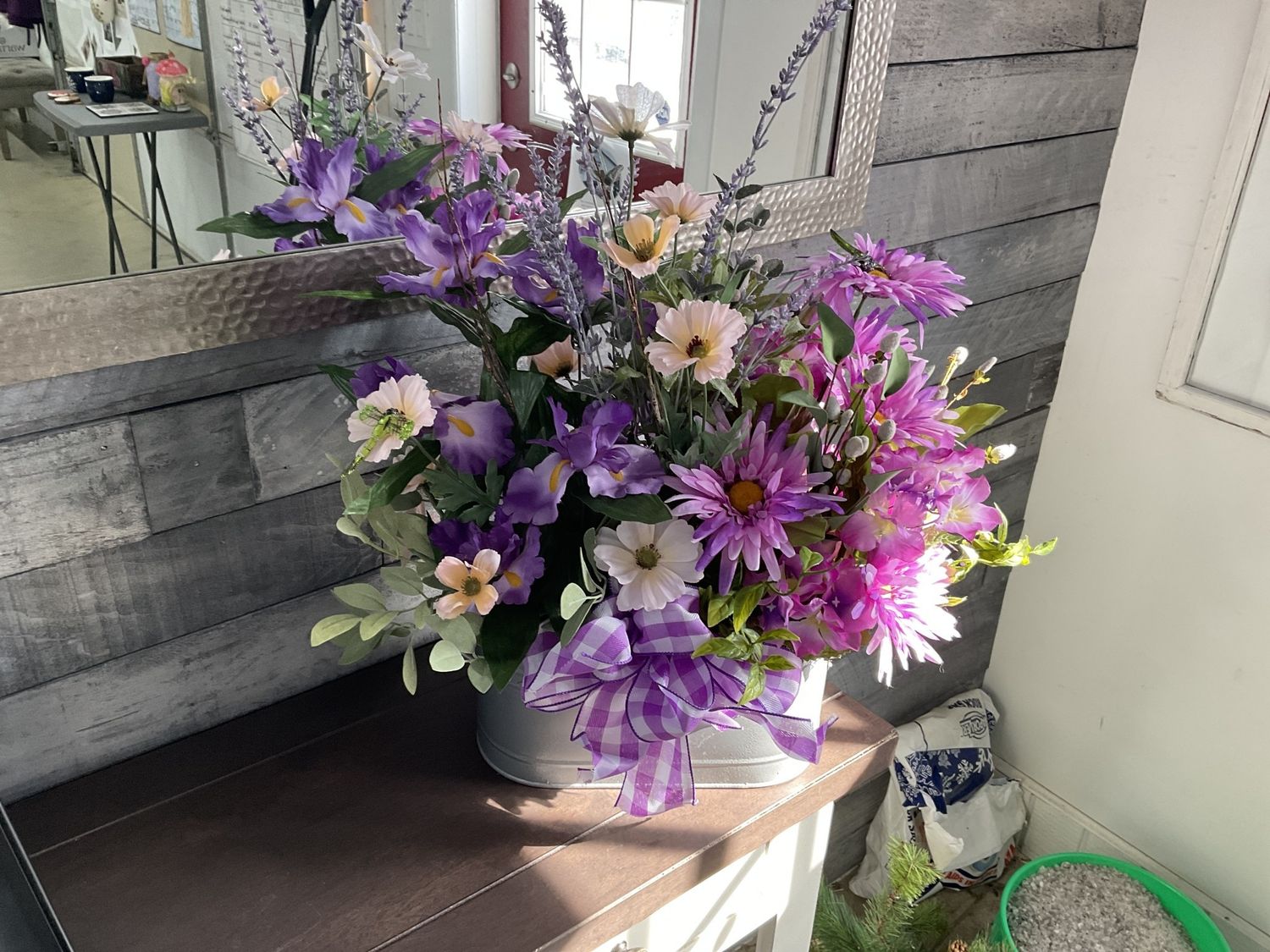 Centerpiece Silver Bucket w/Spring Flowers and Purple Ribbon