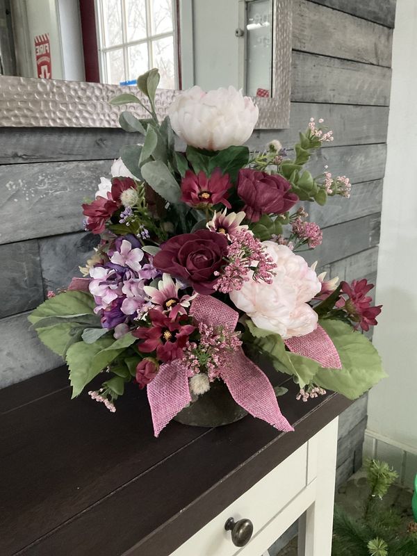 Centerpiece Stone Planter w/ Pink and Burgandy Flowers