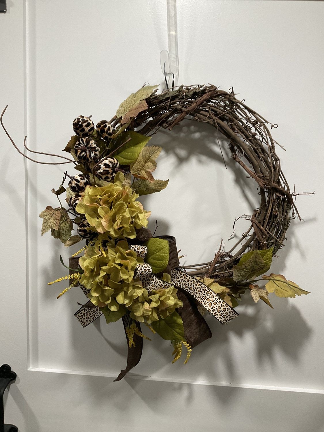 Grapevine Wreath w Leopard Print Pumpkins and Ribbon