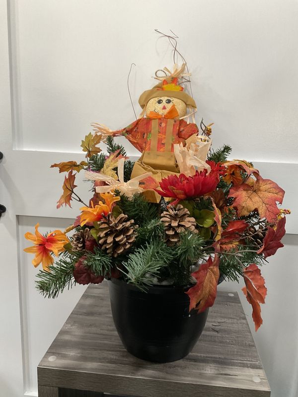 Centerpiece 20x20x26 Black Container w/Scarecrow and Evergreen Leaves Flowers and Pinecones