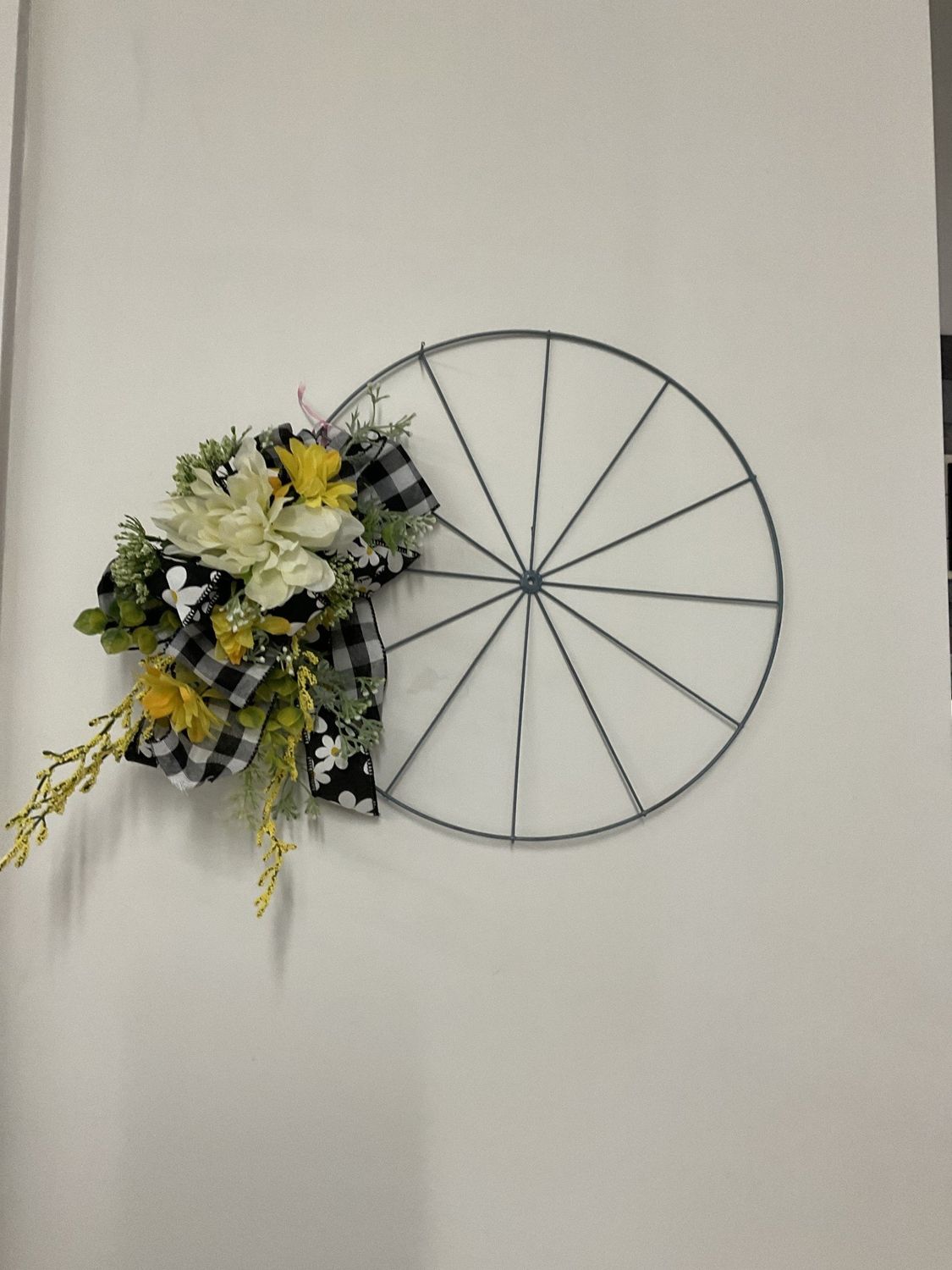 Wreath Bicycle Yellow &amp; White Flowers w/ Black Buffalo Check Ribbon