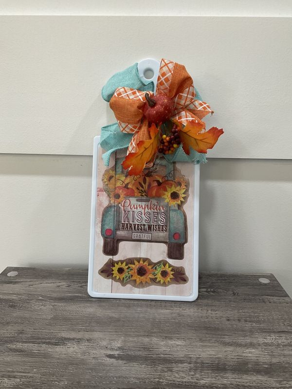 1444 Cutting Board 6x13-Teal Truck &quot;Pumpkin Kisses&quot; w/Teal and Orange Ribbons