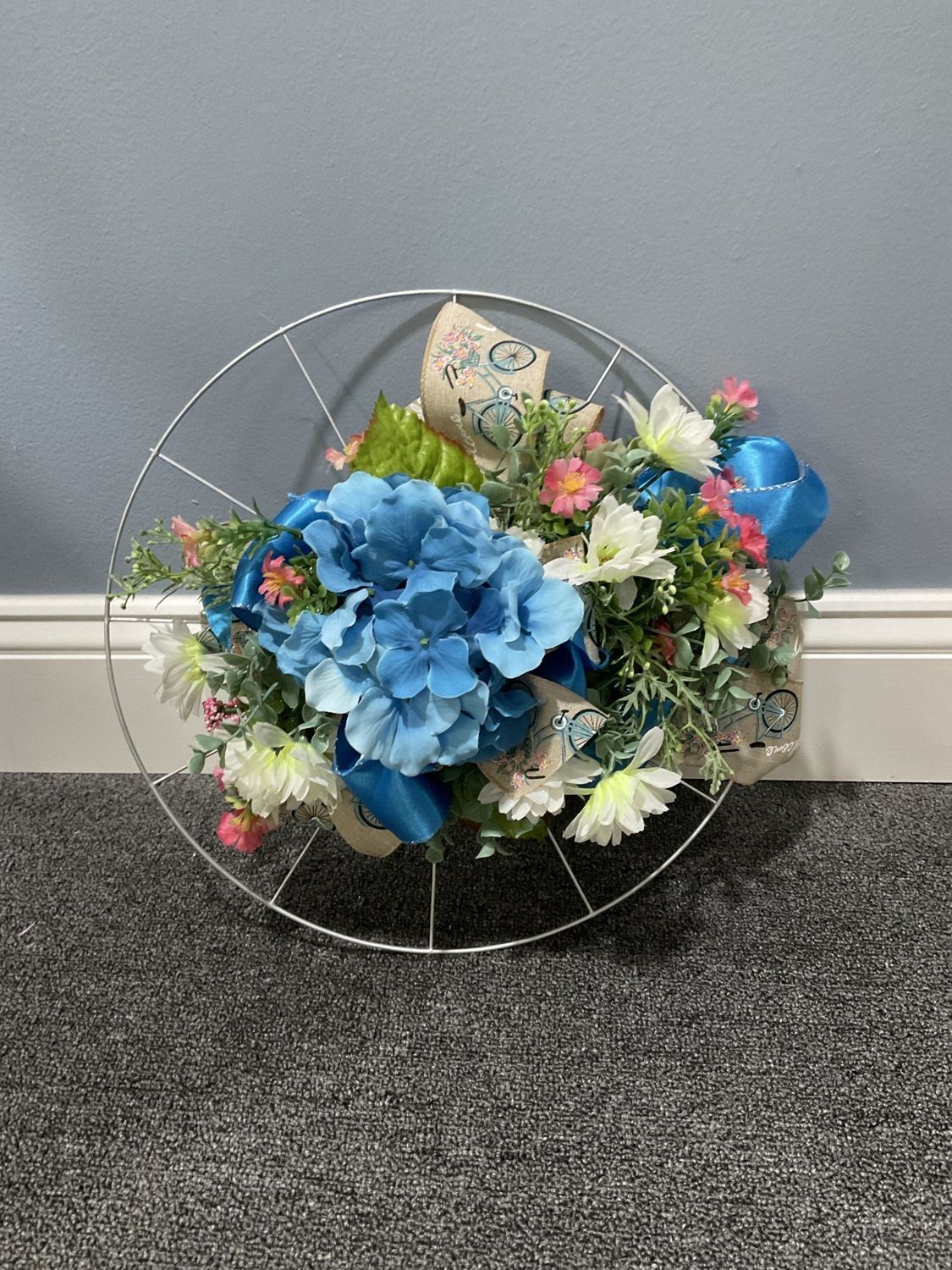 Wreath Bicycle 18 in-Silver w/Blue Flowers and Bicycle Ribbon