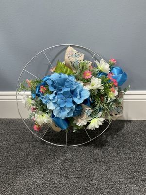 Wreath Bicycle 18 in-Silver w/Blue Flowers and Bicycle Ribbon