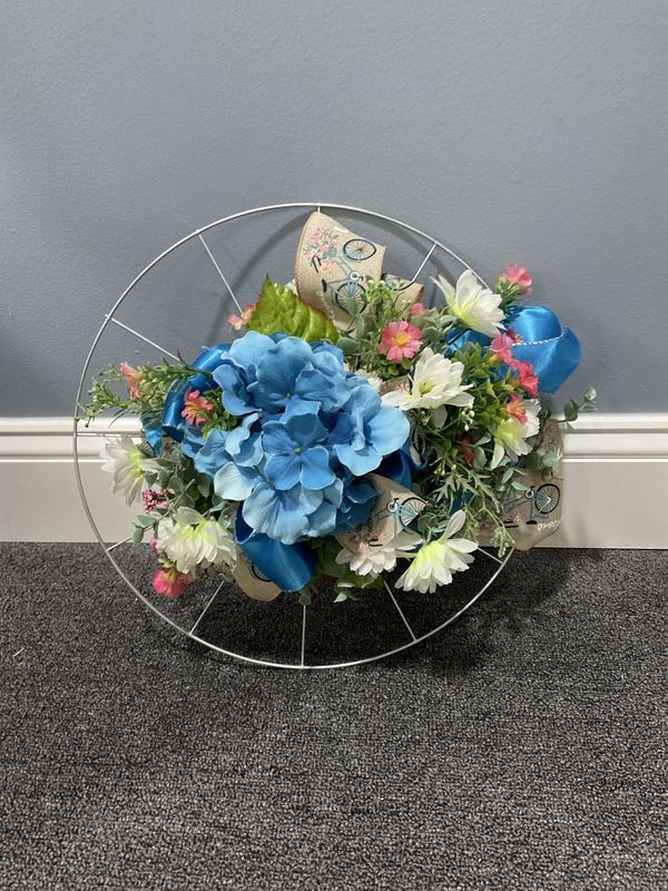Wreath Bicycle 18 in-Silver w/Blue Flowers and Bicycle Ribbon