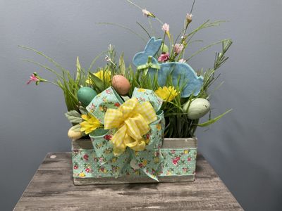 W-MNFT Centerpiece Box 10x10 Blue Bunny, Colored Eggs and Blue Flowered Ribbon