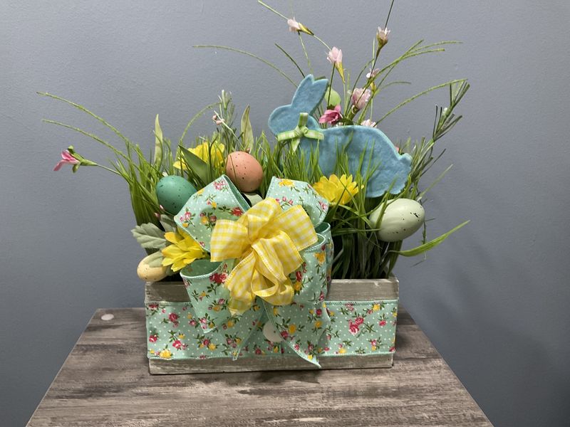 Centerpiece Box 10x10 Blue Bunny, Colored Eggs and Blue Flowered Ribbon
