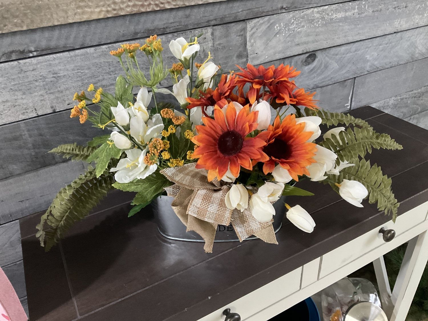 Centerpiece Metal Container Orange, White and Yellow Flowers w/Brown Check Ribbon