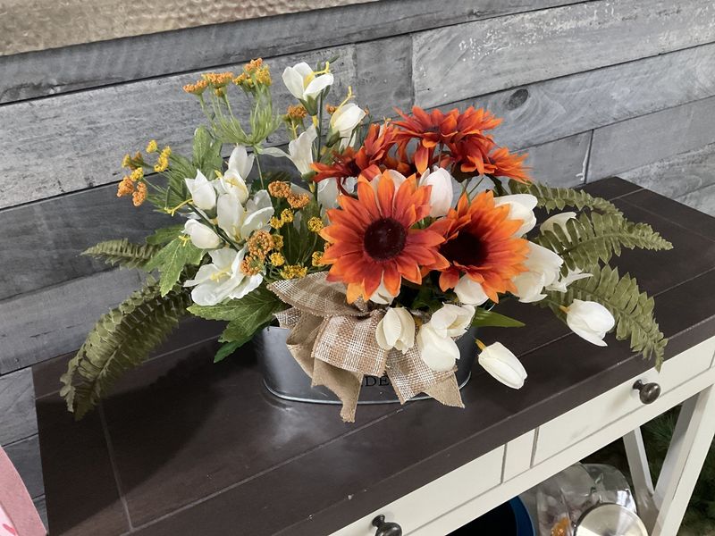 Centerpiece Metal Container Orange, White and Yellow Flowers w/Brown Check Ribbon